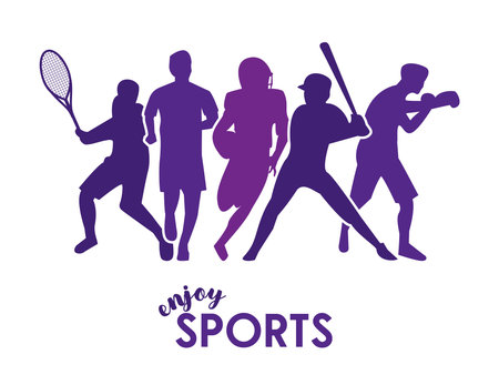 sports time poster with purple athletes silhouettes vector illustration designのイラスト素材