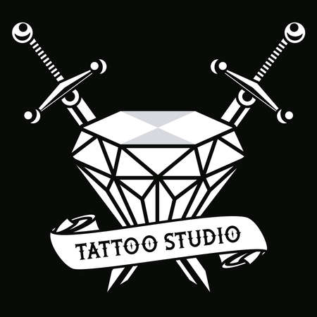 luxury diamond with swords tattoo studio graphic vector illustration designのイラスト素材
