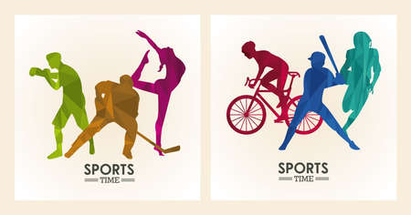 sports time poster with athletes figures silhouettes frames vector illustration designのイラスト素材