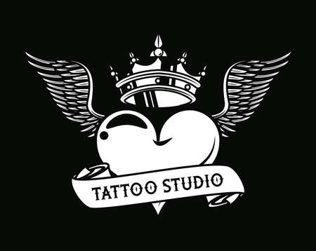 heart love with crown and wings tattoo studio graphic vector illustration designのイラスト素材