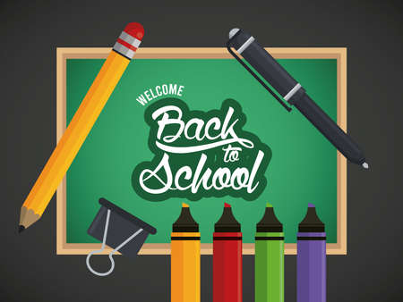back to school poster with chalkboard and pencils vector illustration designのイラスト素材