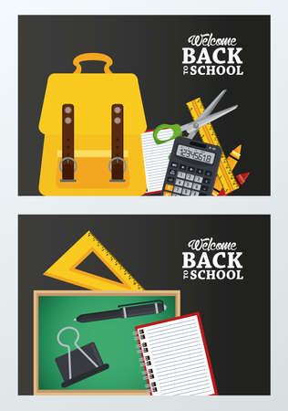 back to school poster with chalkboard and schoolbag set supplies vector illustration designのイラスト素材
