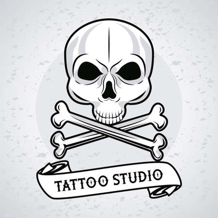 skull head with bones crossed and ribbon tattoo studio graphic vector illustration designのイラスト素材