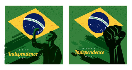 brazil happy independece day with flag and strong man silhouette vector illustration designのイラスト素材