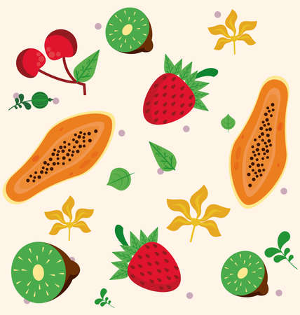 fresh local fruits with strawberries and fruits pattern vector illustration designのイラスト素材