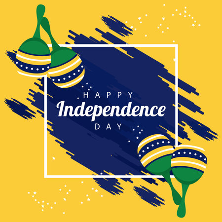 brazil happy independece day celebration with flag and maracas square frame vector illustration...