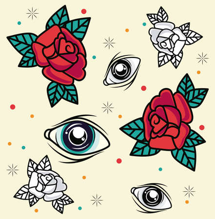 roses and eyes tattoo studio graphic vector illustration designのイラスト素材