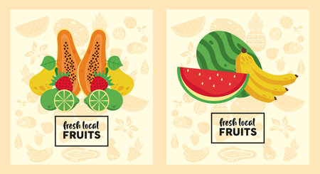 fresh local fruits set of patterns in yellow color background vector illustration design