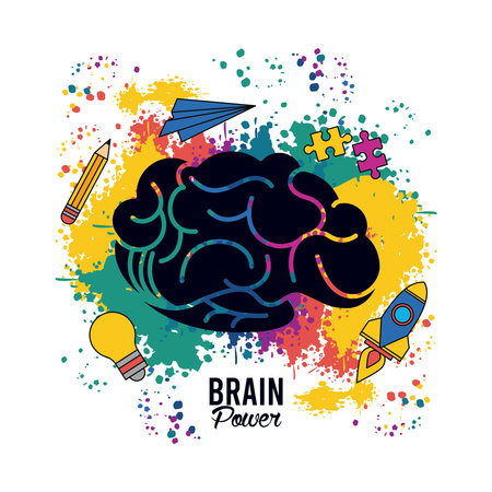 brain power template with colors splash and set icons vector illustration design