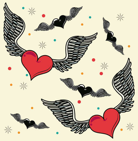 hearts with wings flying tattoo studio pattern vector illustration designのイラスト素材