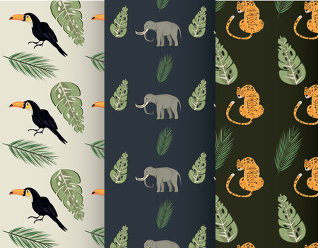 wild animals and tropical leafs patterns vector illustration designのイラスト素材