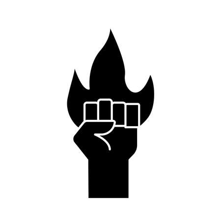 hand human fist protesting with fire flame silhouette style icon vector illustration designのイラスト素材