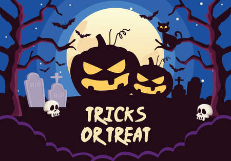 halloween tricks or treat lettering with pumpkins in cemetery night scene vector illustration designのイラスト素材