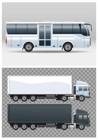 white bus and trucks colors public transport vehicles vector illustration designのイラスト素材