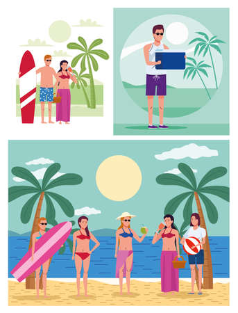 young people wearing swimsuits on the beach characters set scenes vector illustration designのイラスト素材