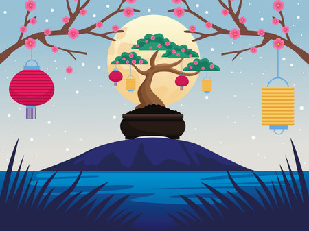 mid autumn celebration card with cute bonsai and full moon scene vector illustration designのイラスト素材