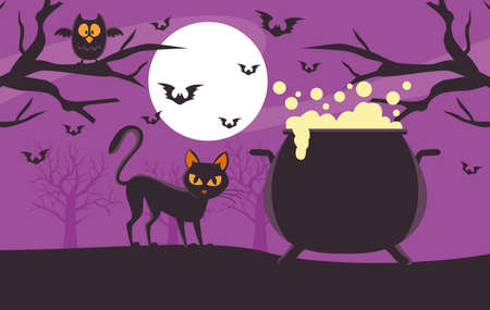 happy halloween card with witch cauldron and cat vector illustration designのイラスト素材