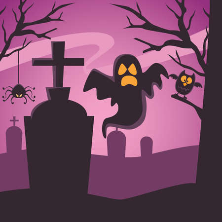 happy halloween card with ghosts floating in cemetery vector illustration designのイラスト素材
