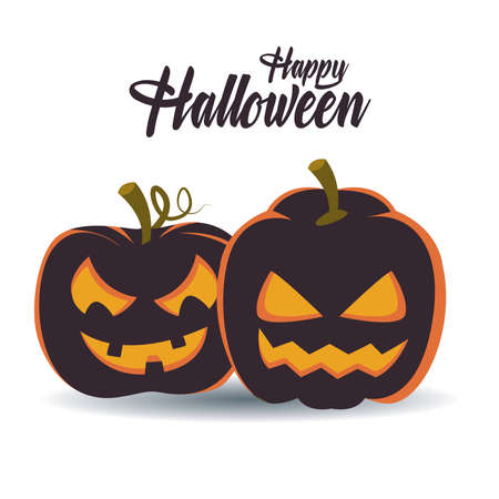happy halloween card with lettering and pumpkins scene vector illustration designのイラスト素材
