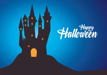 happy halloween card with haunted castle and lettering vector illustration designのイラスト素材