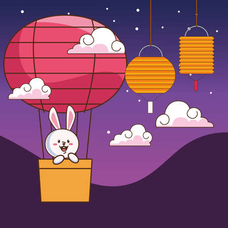 mid autumn celebration card with little rabbit traveling in balloon air hot vector illustration designのイラスト素材