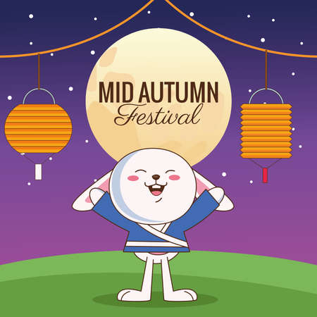 mid autumn celebration card with little rabbit and moon vector illustration designのイラスト素材