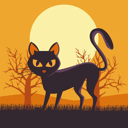 happy halloween card with black cat scene vector illustration designのイラスト素材