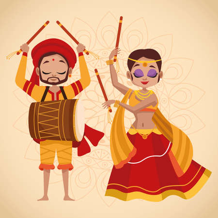 happy navratri celebration card couple dancing and playing drum vector illustration designのイラスト素材