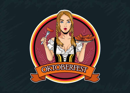 happy oktoberfest celebration card with beautiful woman eating sausages vector illustration designのイラスト素材