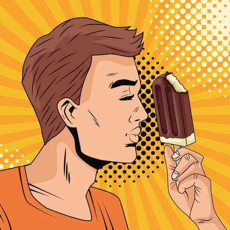 young man eating ice cream character pop art style vector illustration designのイラスト素材