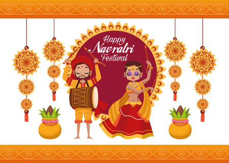 happy navratri celebration card lettering with woman dancing and man playing drum vector illustration designのイラスト素材