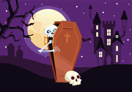 Halloween skull cartoon in coffin at night design, Holiday and scary theme Vector illustrationのイラスト素材