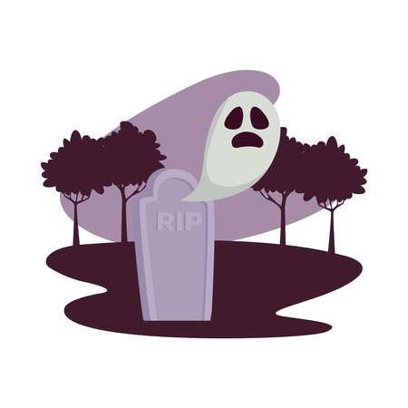 Halloween white ghost cartoon with grave at park design, Holiday and scary theme Vector illustrationのイラスト素材