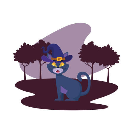 Halloween cat cartoon with hat at park design, Holiday and scary theme Vector illustrationのイラスト素材