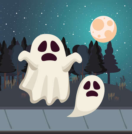 Halloween ghosts cartoons at night design, Holiday and scary theme Vector illustrationのイラスト素材