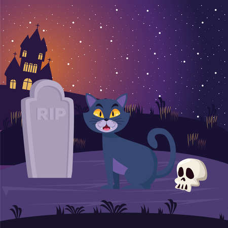 Halloween cat cartoon with grave at night design, Holiday and scary theme Vector illustrationのイラスト素材