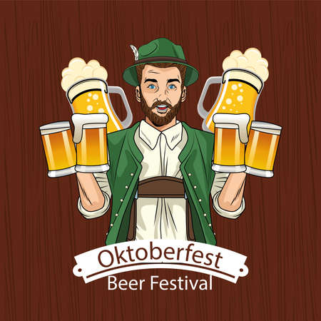 man cartoon with traditional cloth and beer glasses design, Oktoberfest germany festival and celebration theme Vector illustrationのイラスト素材