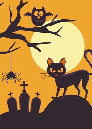 happy halloween card with black cat and owl in cemetery vector illustration designのイラスト素材