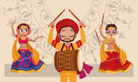happy navratri celebration lettering with women dancing and man playing drum vector illustration...
