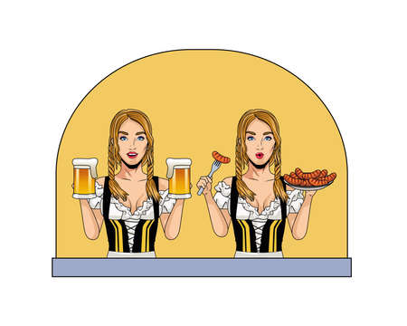 sexi german women with beers and sausages characters vector illustration designのイラスト素材