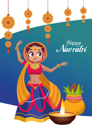 happy navratri celebration card lettering and woman dancing with plant vector illustration designのイラスト素材