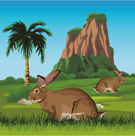 cute wild rabbits in the landscape vector illustration designのイラスト素材