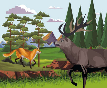 wild reindeer and fox in the landscape vector illustration designのイラスト素材