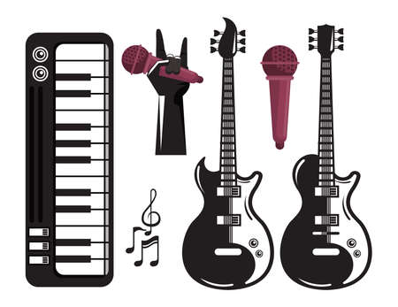international music festival poster with electric guitars and set icons vector illustration designのイラスト素材