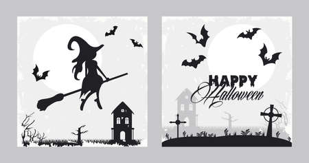 happy halloween celebration card with witch and bats flying vector illustration designのイラスト素材