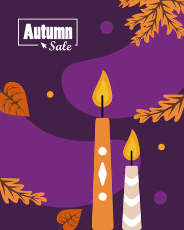 autumn sale season poster with candles and leafs vector illustration designのイラスト素材