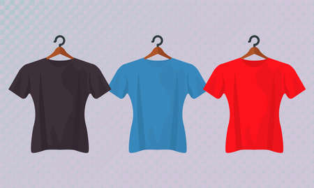 three mockup shirts in clothespins hanging vector illustration designのイラスト素材