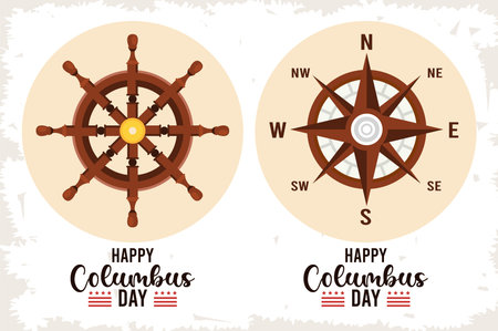 happy columbus day celebration with ship rudder and compass guide vector illustration design