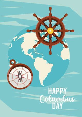 happy columbus day celebration with ship rudder and earth planet vector illustration designのイラスト素材