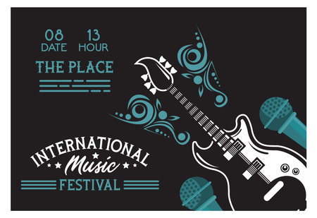 international music festival poster with electric guitar and microphones vector illustration designのイラスト素材